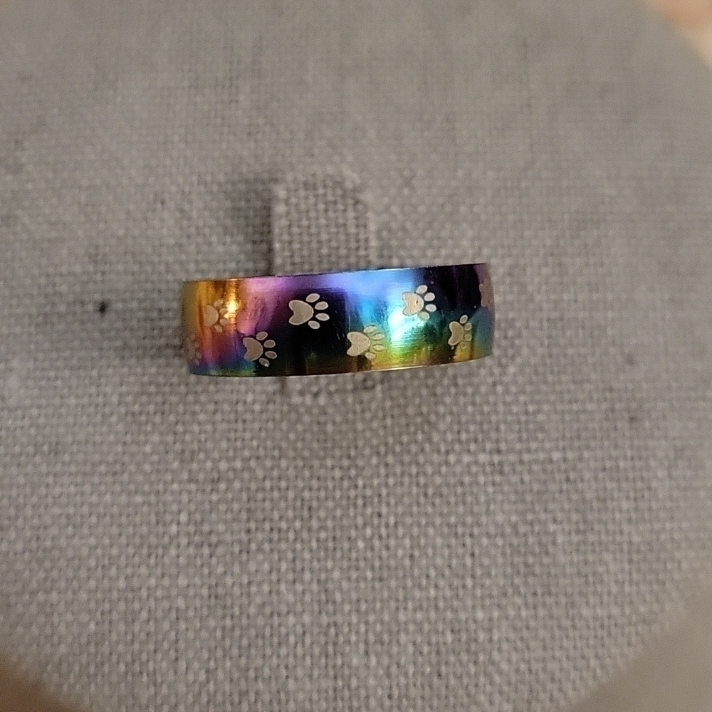 3/$30 Oil Spill Rainbow Paw Print Stainless Steel Kidcore Ring